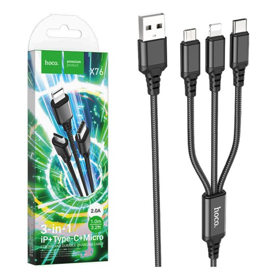 Cabo de Carregamento 3 em 1 Hoco X76 Super USB-A para (Lightning+Tipo-C+Micro) 2,0A 1m Preto